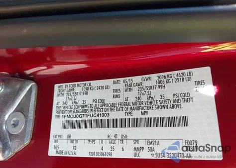 2015 Ford Escape Se from USA, damaged, VIN 1FMCU0G71FUC41003